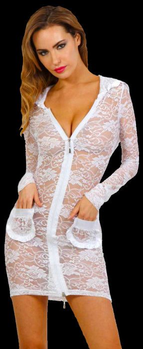 transparentes Minikleid, langärmelig in weißer Spitze mit Kapuze und doppelseitigem Reißverschluß vorn