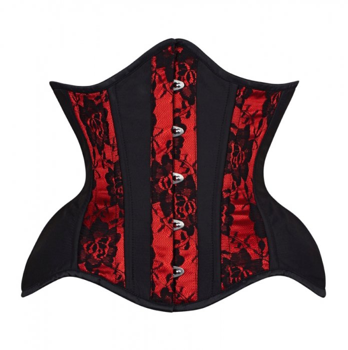 Unterbrust Korsett kurvige Form roter Taft mit schwarzem Spitzen Overlay