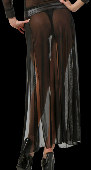 schwarzer langer transparenter burlesque gothic rock hochgeschlitzt mit wetlook bund