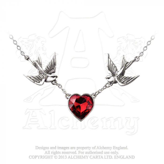 Gothic Halskette mit Zinnschwalben und rotem Herz "Swallow Heart"