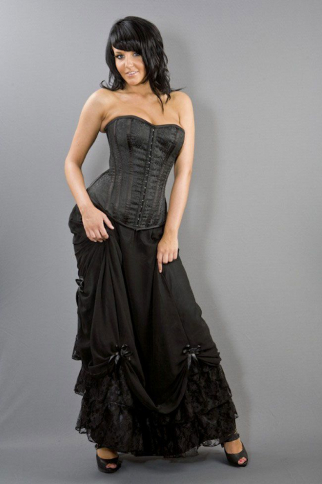 Langer Viktorianischer Burlesque Gothic Rock in schwarzem Satin mit schwarzem Overlay aus Spitze und Chiffon