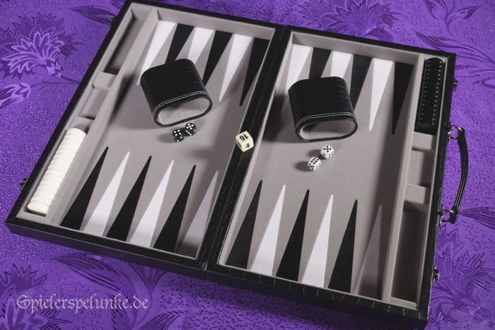 backgammon spielekoffer kunstleder schwarz velour grau schwarz weiß