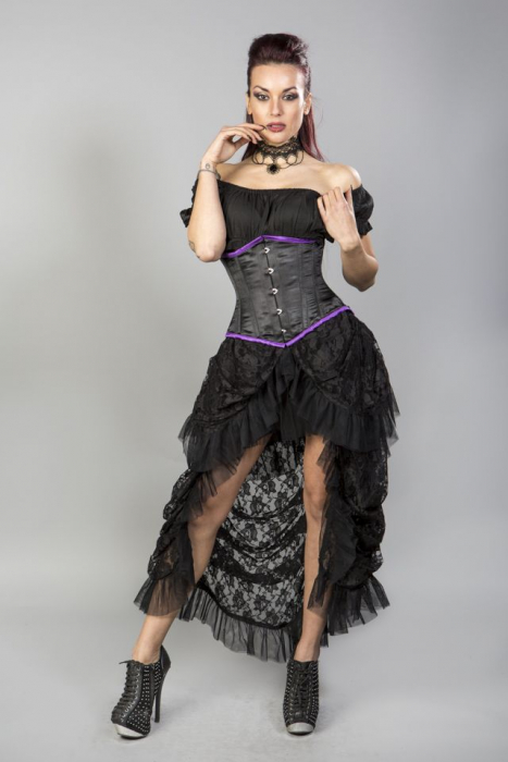 Unterbrust Korsett Satin schwarz mit lila Randsaum black satin purple trim