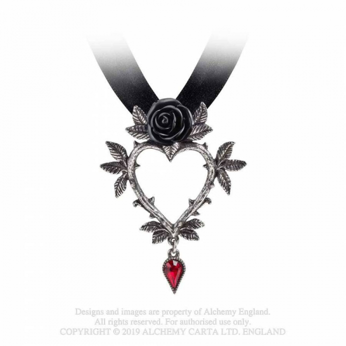 "Guirlande d'Amour" Halskette Satin Halsband mit Dornen Zinnherz, schwarzer Rose und rotem Swarovski Blutstropfen Gothic Schmuck