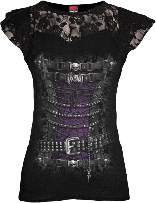 ärmelloses Gothic Top mit Netzapplikation und Korsettdruck