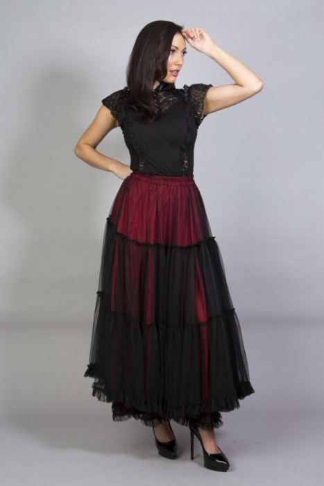 Langer Viktorianischer Burlesque Gothic Rock Satin rot mit schwarzem Tül