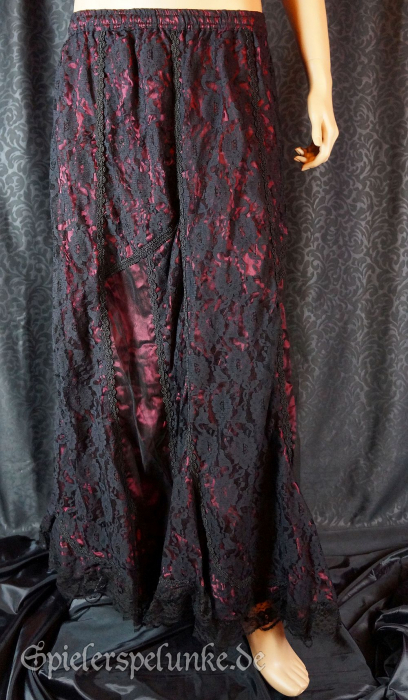 Langer Gothic Rock in burgundfarbenem Satin mit schwarzem Spitzen Overlay