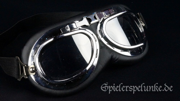 Steampunk Googles „Motorradbrille“ schwarz/chrom mit Gesichtspolster und Gummiband 9cm hoch