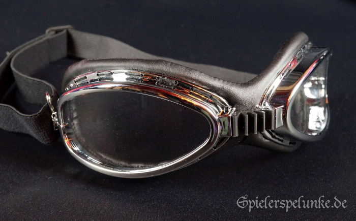 Steampunk Googles „Motorradbrille“ schwarz/chrom mit Gesichtspolster und Gummiband, 6cm hoch