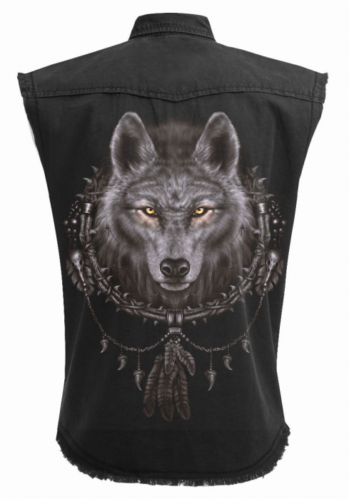 biker weste western country wolf indianer denim stone washed workershirt bedruckt