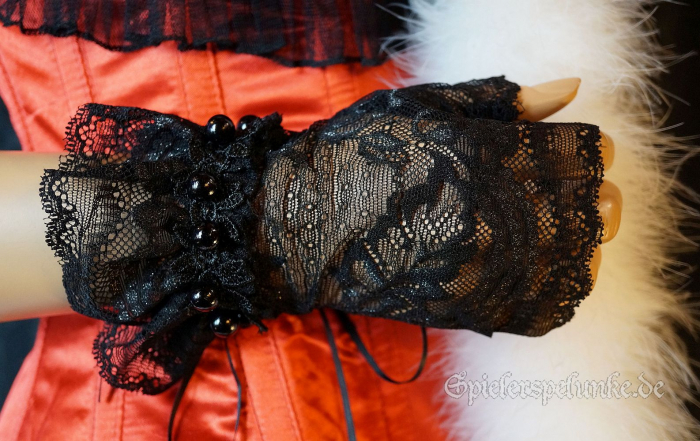 Gothic Spitzenhandschuhe Spitzenstulpen schwarz mit schwarzen Perlen