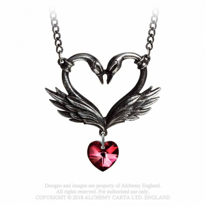 "The Black Swan Romance" Halskette mit Zinnherz in Form zweier Schwäne und rotem Swarovski Kristall Herz