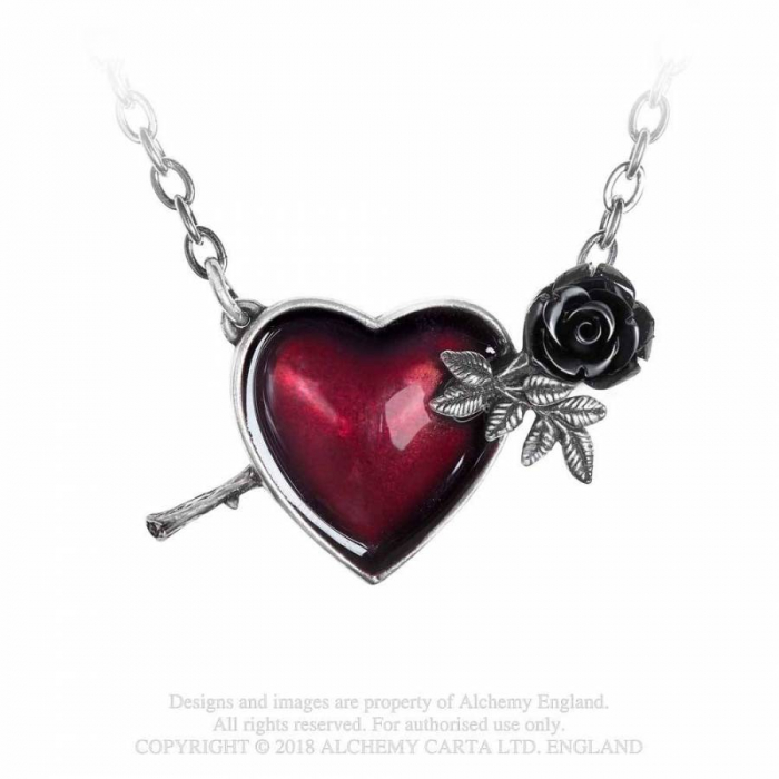 "Wounded by Love" Halskette mit rot emailliertem Zinnherz und einer schwarzen Rose Gothic Halsschmuck