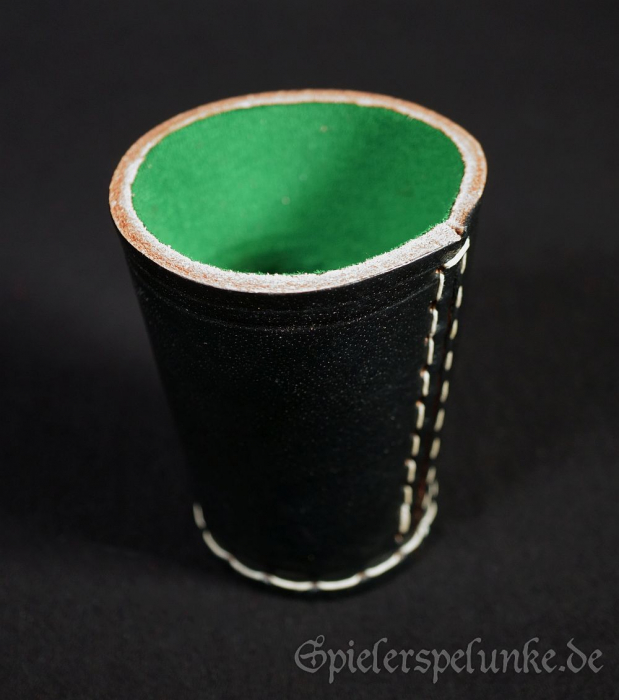 Würfelbecher echtes Leder genäht schwarz mit grünem Filzfutter 9cm mit Würfel, Baumwollsäckchen und Spielanleitung