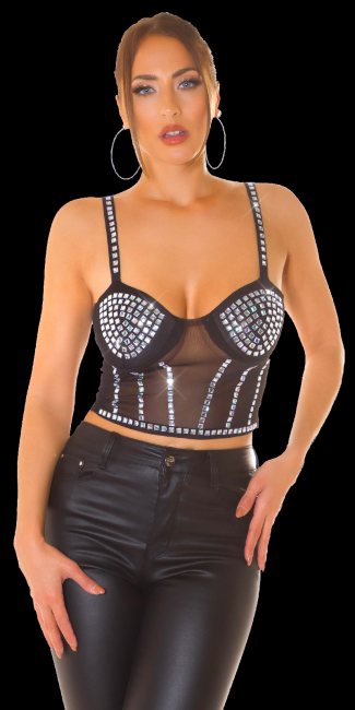 bh bra mesh top schwarz mit glitzerelementen