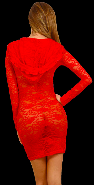 transparentes minikleid aus spitze rot mit kapuze