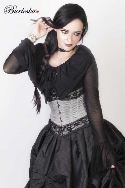 Unterbrust Burlesque Korsett Taft silber mit schwarzer Spitze