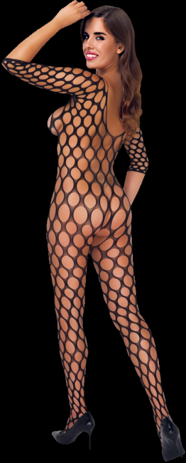 catsuit bodystocking schwarz grosse maschen dreiviertelarm rückenausschnitt transparen