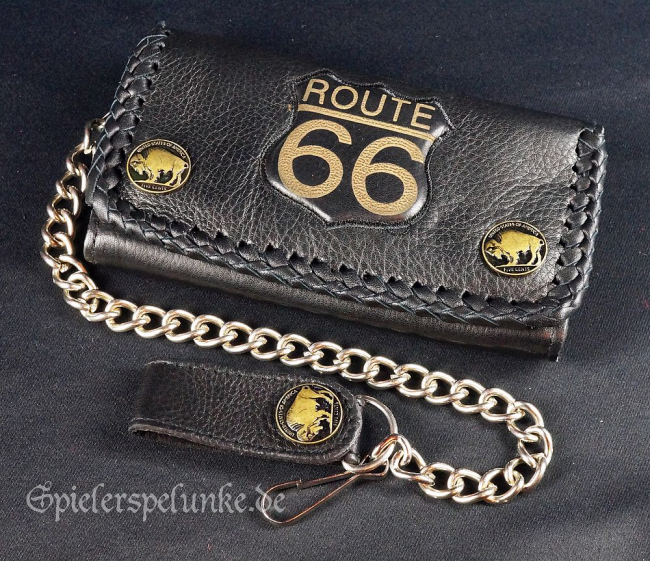 Truckerwallet schwarz mit Flechtrand und Motiv Route 66