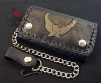 Biker Geldbörse Truckerwallet mit Gürtelkette schwarz mit Adlermotiv und Flechtrand